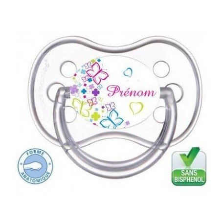 Tétine personnalisée papillon coeur et prénom