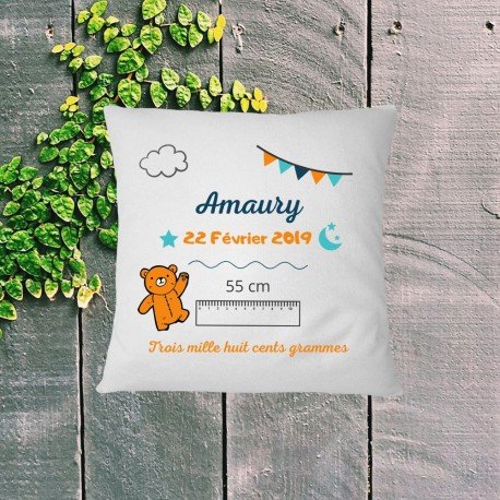Coussin naissance personnalisé ourson