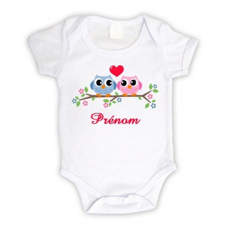 Body bébé couple de hiboux personnalisé avec le prénom