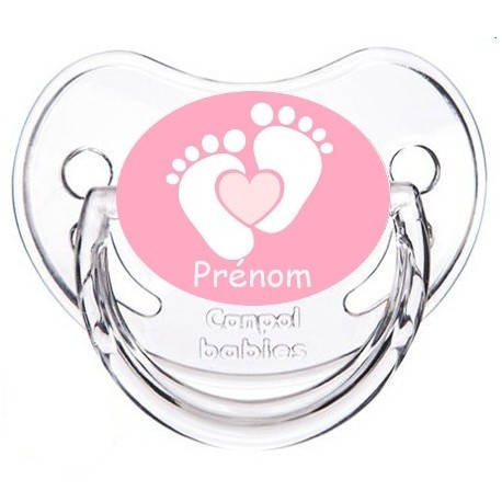 Sucette bébé pieds coeurs rose et prénom 