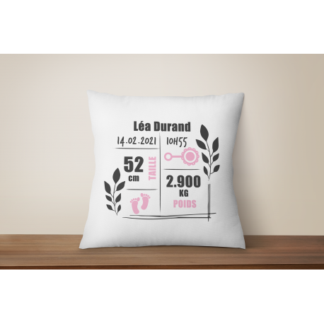 Coussin naissance personnalisé avec des pieds rose