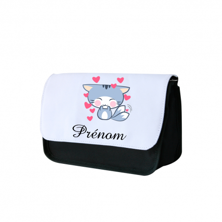 Trousse a crayon personnalisée chat orné de coeurs